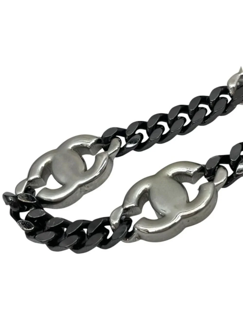 Chanel Choker Chain Pendant CC Logo Rhinestone Gunmetal Black Silver Necklace